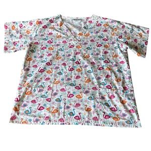 UA Scrubs Womens Flamingo Print V-Neck Scrub Top Pink Orange Teal Medium PC62